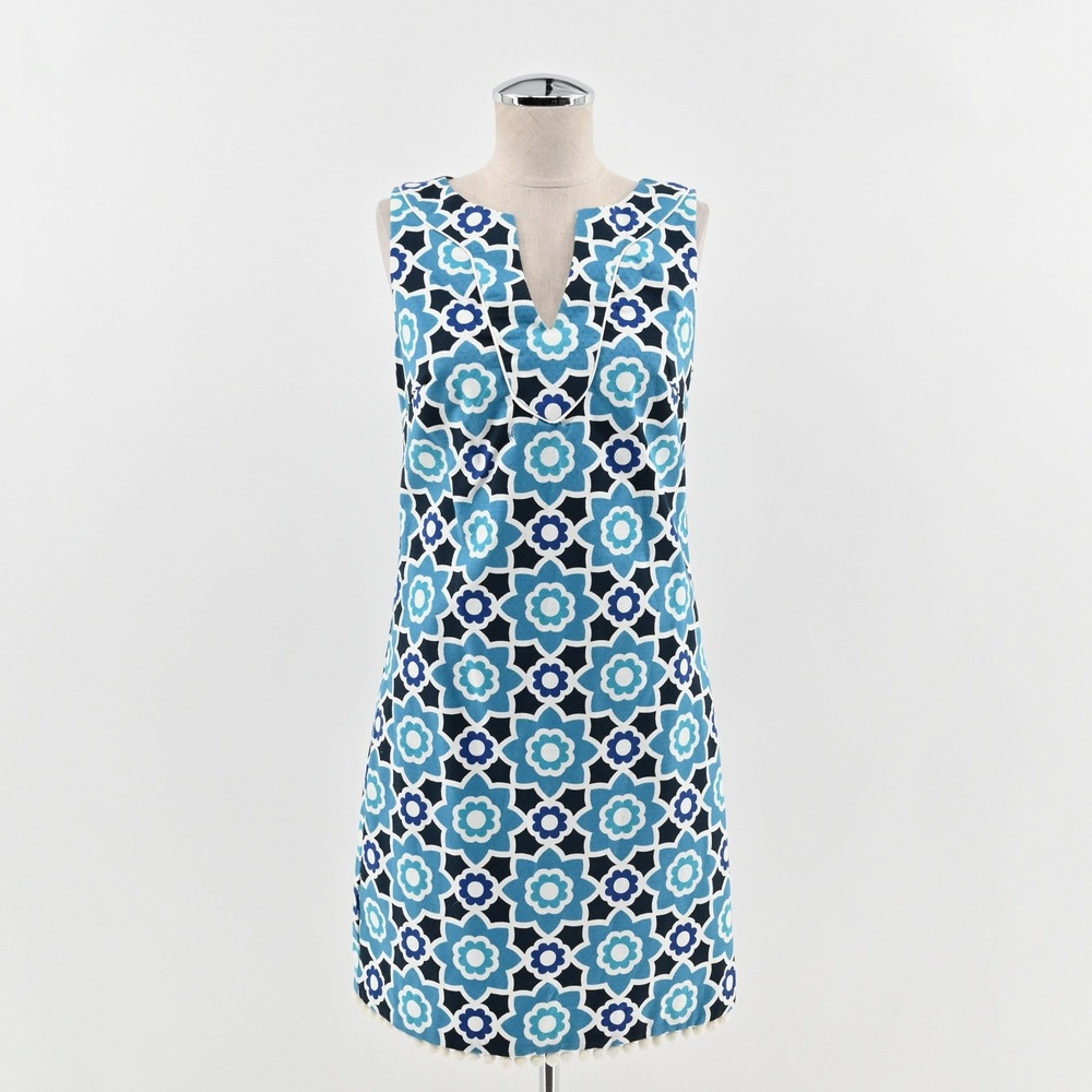 Trina Turk Moroccan Print Shift Dress Size 2 Blue Floral Sleeveless Pom Pom Trim - Picture 1 of 13